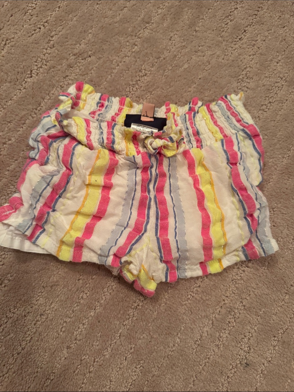 Andy & Evan Striped Ruffle-Waist Shorts — Pink, Yellow & Blue